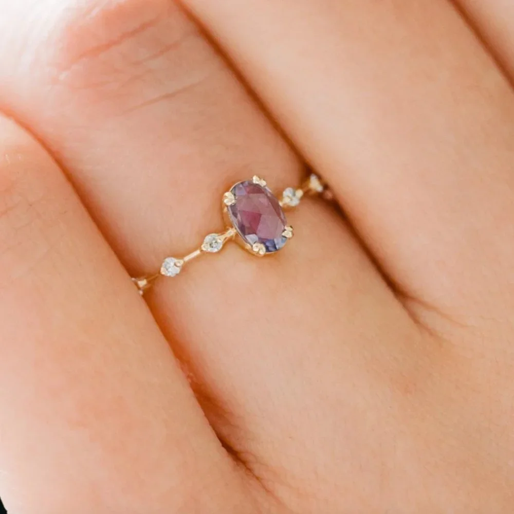 Sterling Silver Purple Oval Crystal Gold Ring - Picture 2 of 7